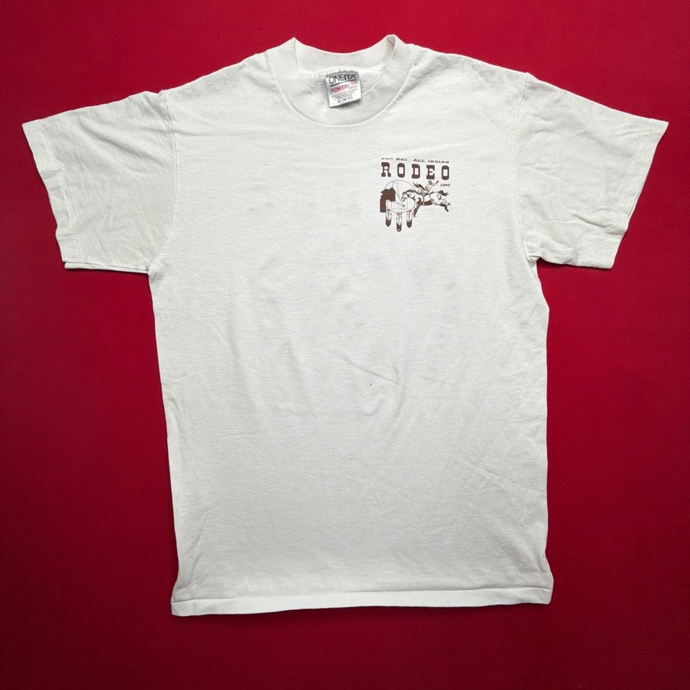 Vintage 90s Fort Hall All Indian Rodeo T-Shirt 1995 Oneita Single Stitch White M - Picture 5 of 8